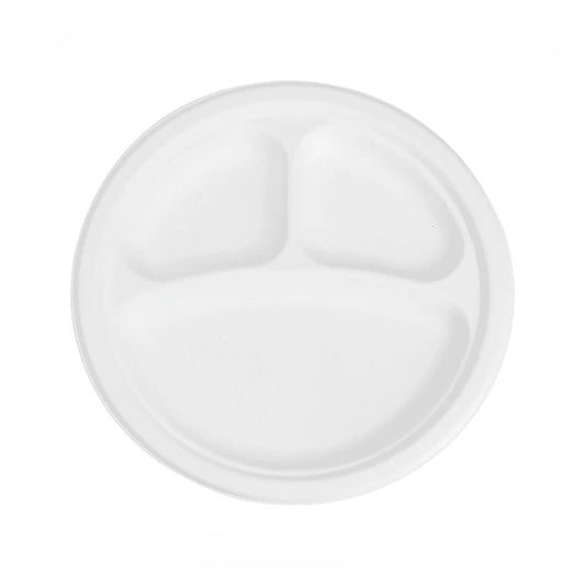 9" Bagasse Plate Round 3-Comp, 500/CS