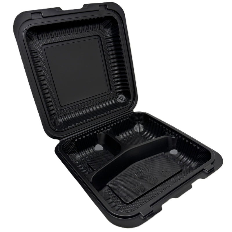 9X9 3-Comp Black Hinged Container