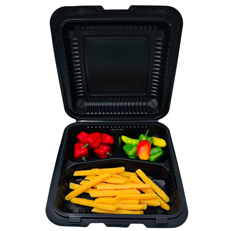 9X9 3-Comp Black Hinged Container