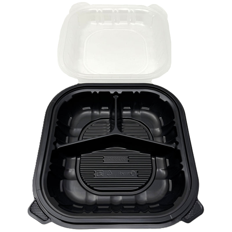 9X9X3 Hinged Container 3-Comp Black Bottom w/ Clear Lid