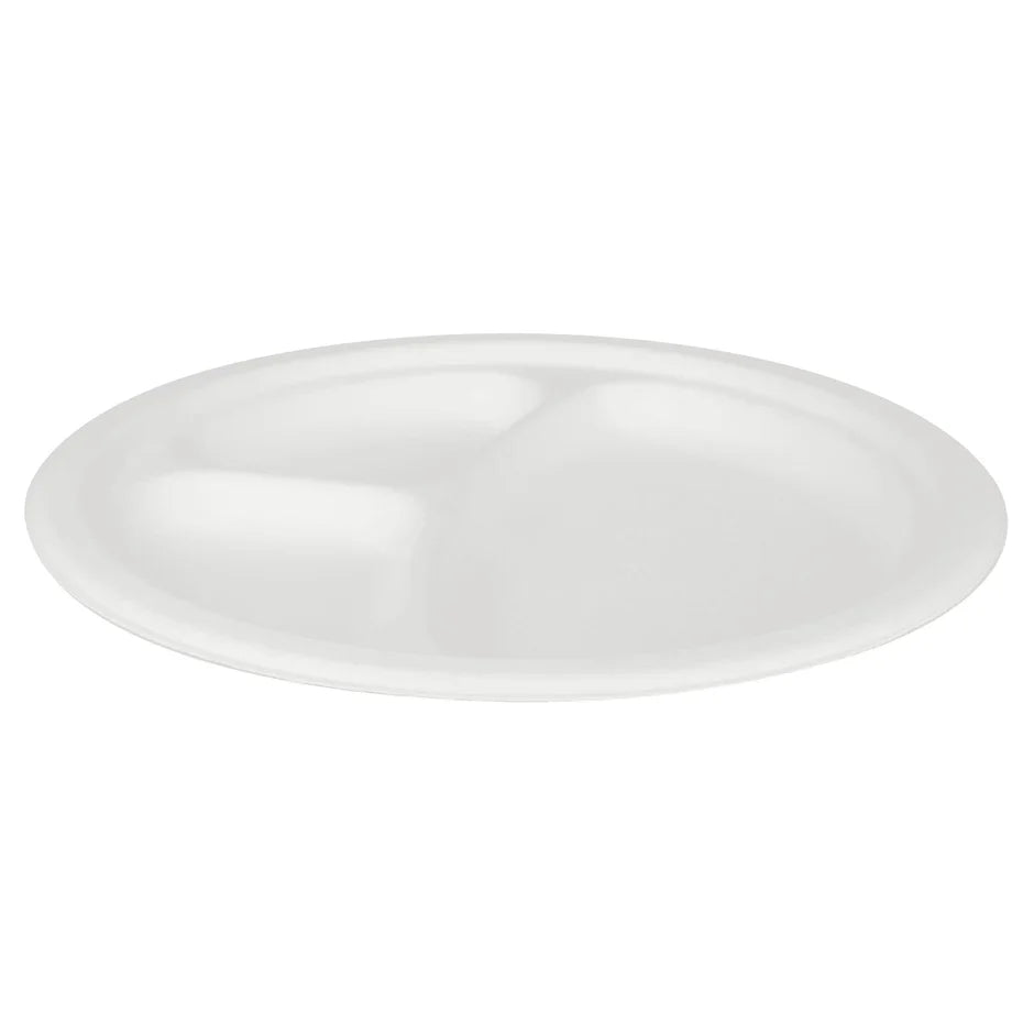 9" Bagasse Plate Round 3-Comp, 500/CS