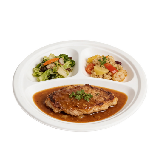9" Bagasse Plate Round 3-Comp, 500/CS