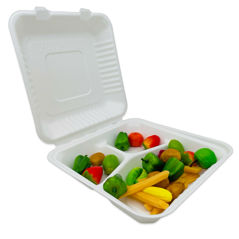 Bagasse Hinged Container 9X9 3-Comp