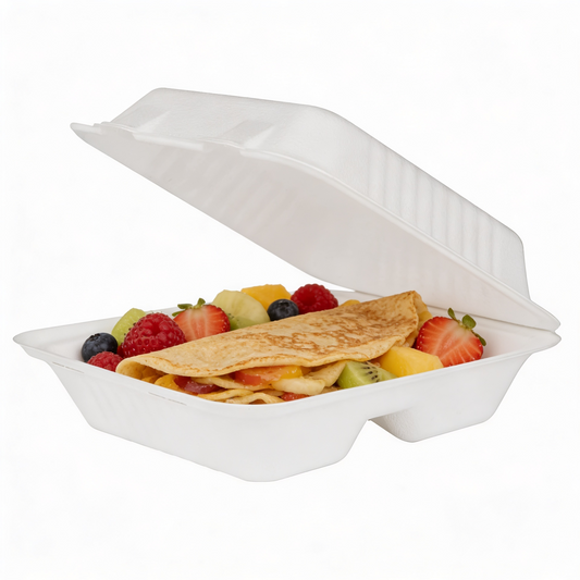 Bagasse Hinged Container 9X9  3-Comp, 200/CS